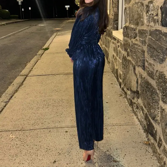 Sabina Musayev Metallic Blue Plisse Pants LARGE Split Hem Cocktail Wide Leg $230 - Picture 9 of 12